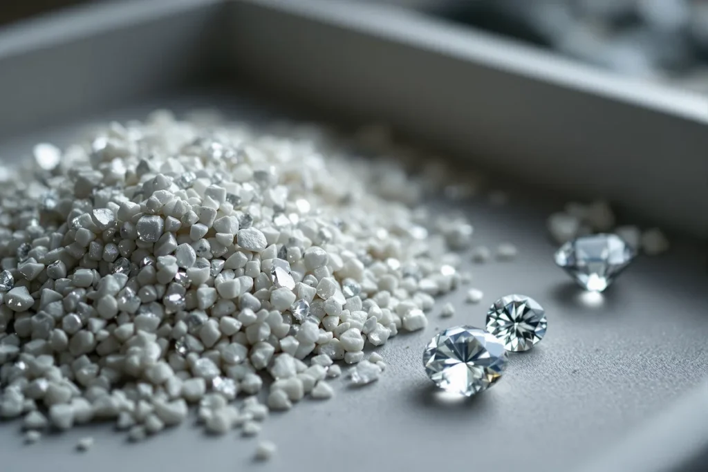 Diamants bruts et diamants taillés sur un plateau de tri de joaillier