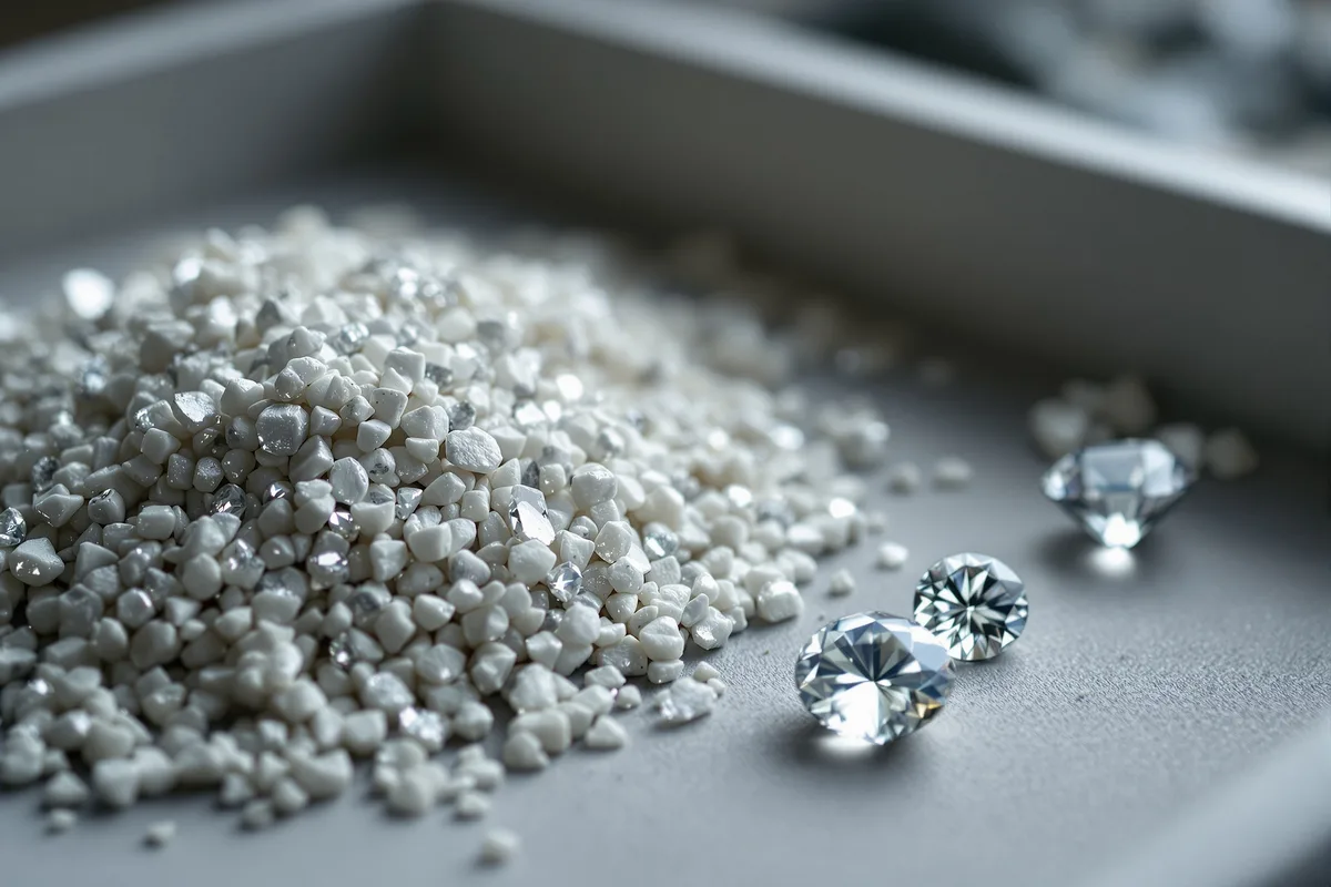 Diamants bruts et diamants taillés sur un plateau de tri de joaillier