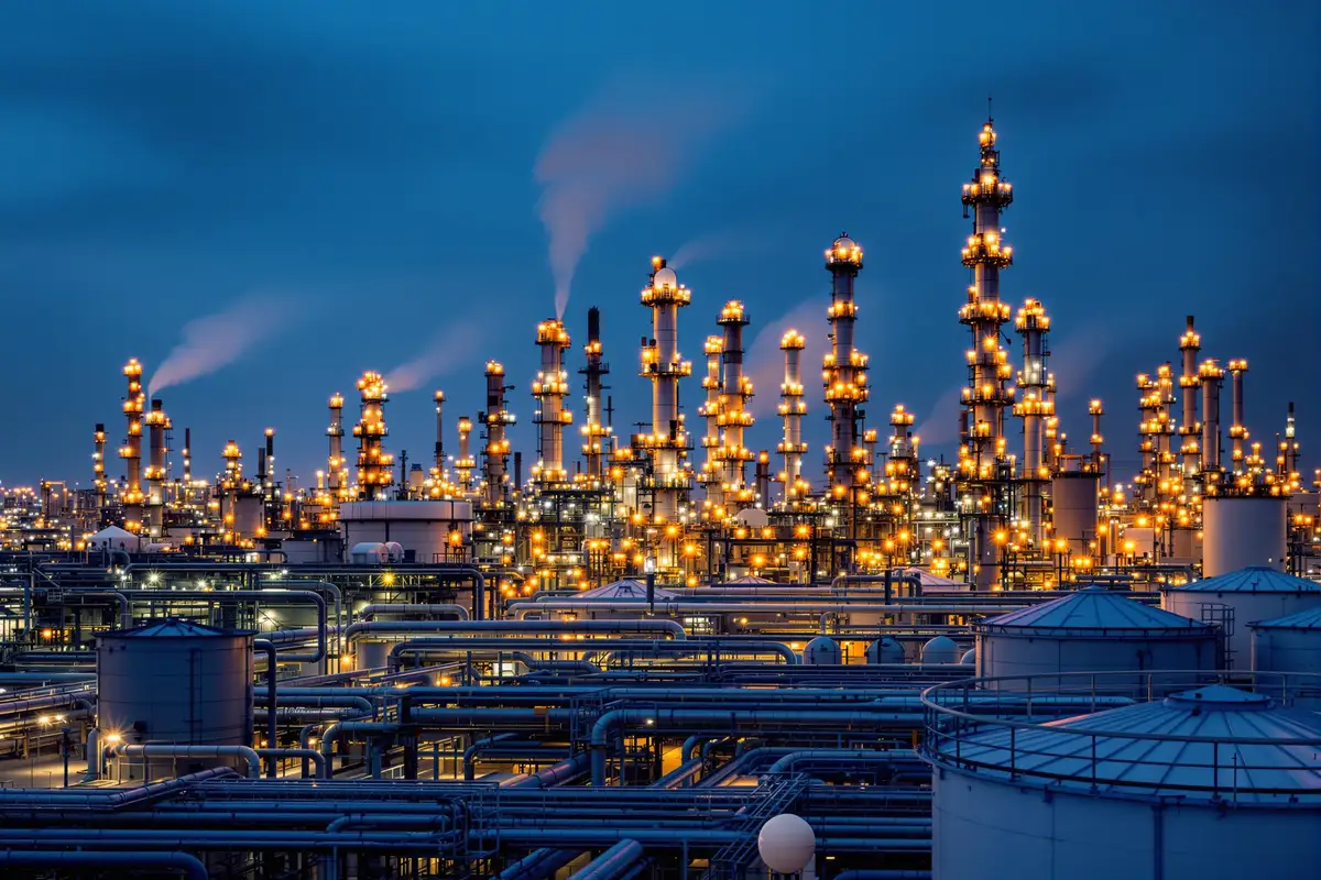 Raffinerie pétrolière et gazière illuminée au crépuscule