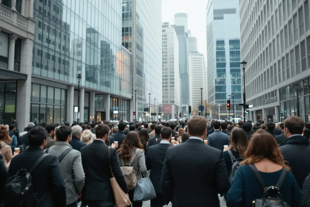 Foule de cadres marchant vers les tours de bureaux dans un quartier d'affaires europeen