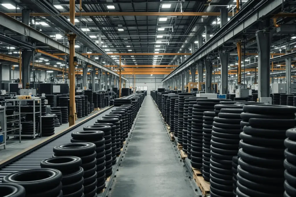 Usine de composants industriels en caoutchouc avec convoyeurs et empilements de pieces noires