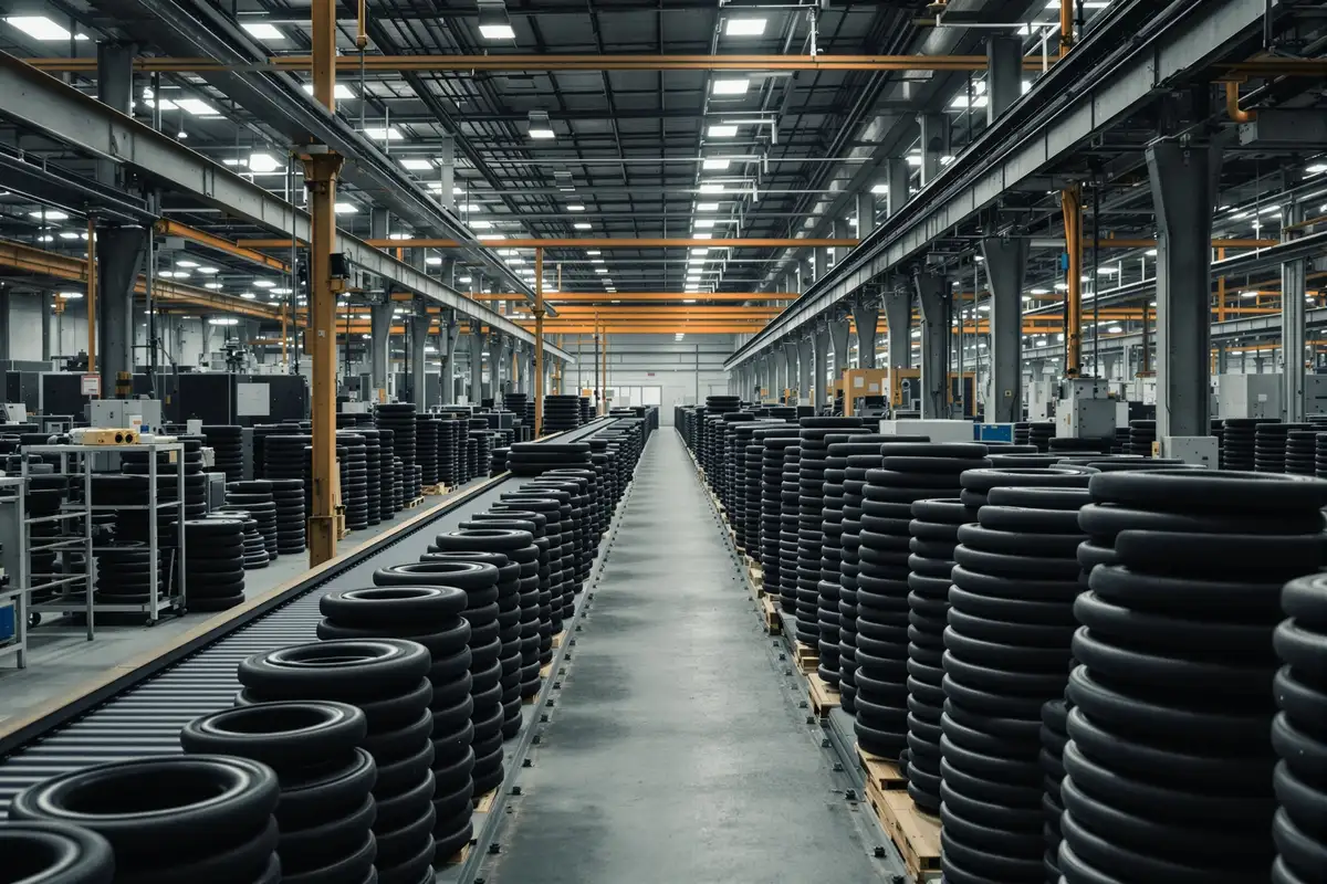 Usine de composants industriels en caoutchouc avec convoyeurs et empilements de pieces noires