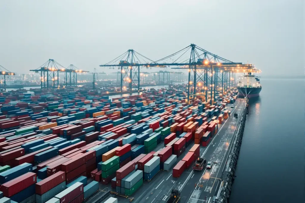 Port de commerce avec conteneurs et porte-conteneurs, illustration du commerce extérieur français