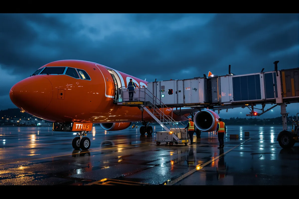 Avion à bas coûts stationné à une passerelle d'aéroport, illustration du rachat d'easyJet