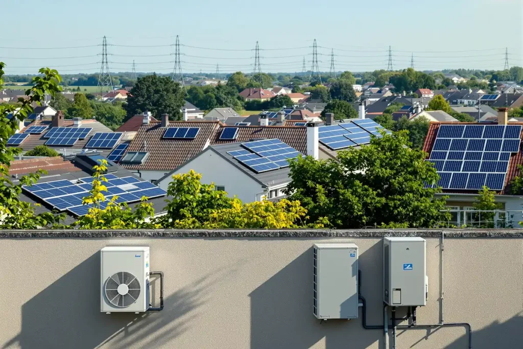 Toits couverts de panneaux solaires et pompes à chaleur, illustration de l'électrification de l'Europe