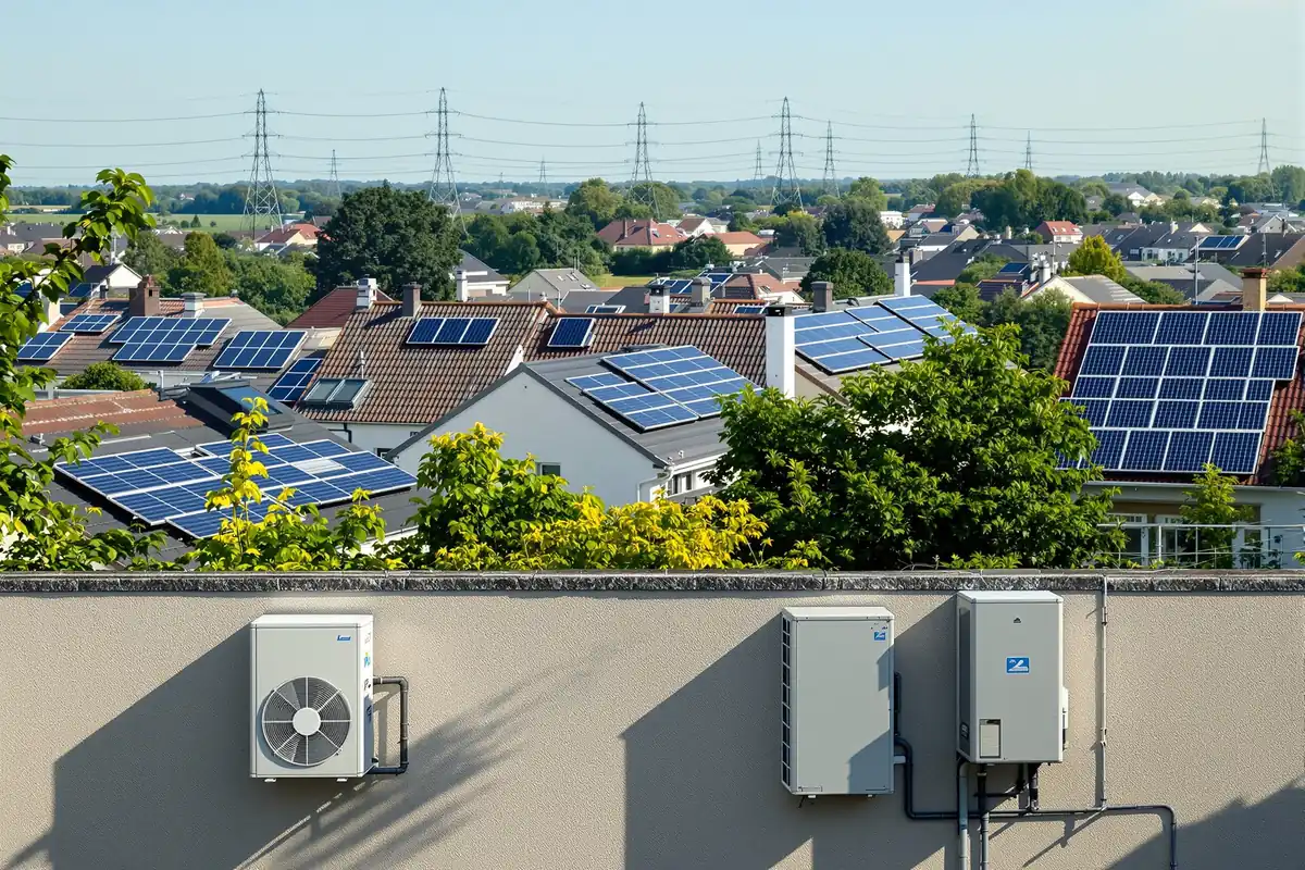 Toits couverts de panneaux solaires et pompes à chaleur, illustration de l'électrification de l'Europe
