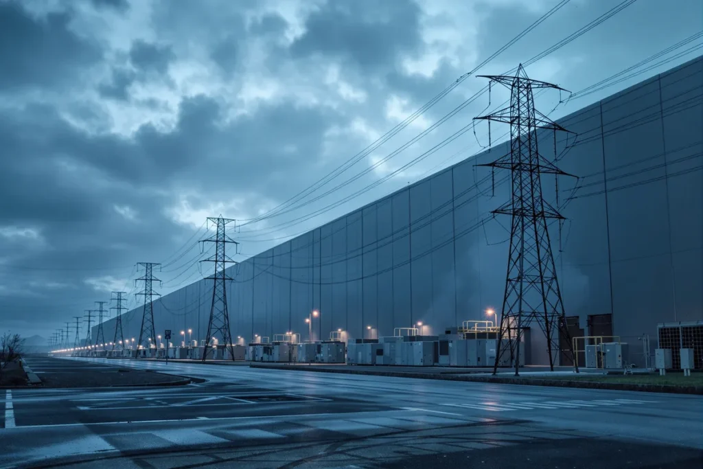 Centre de données et lignes haute tension au crépuscule