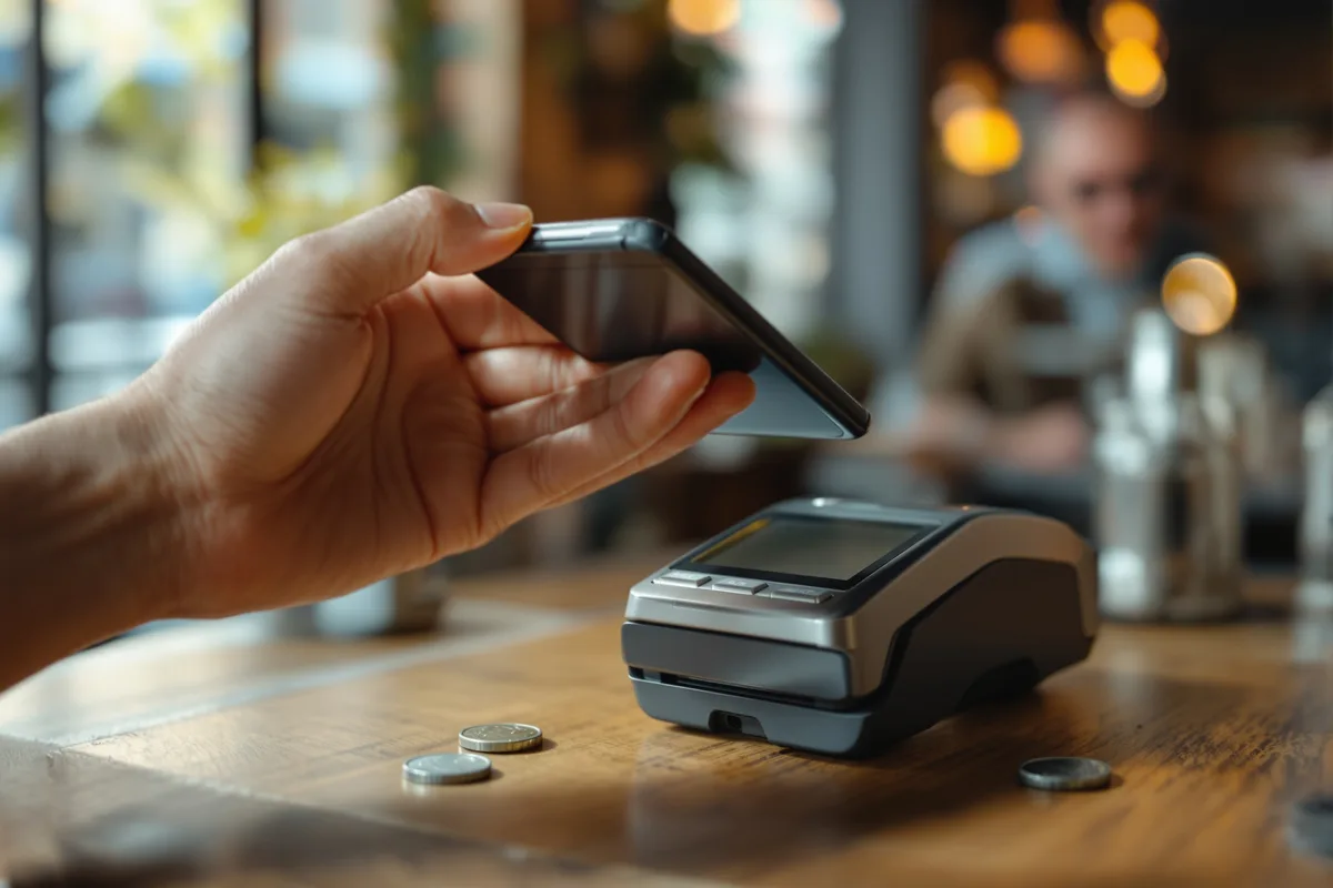 Paiement sans contact par smartphone sur un terminal, illustration de l'euro numérique