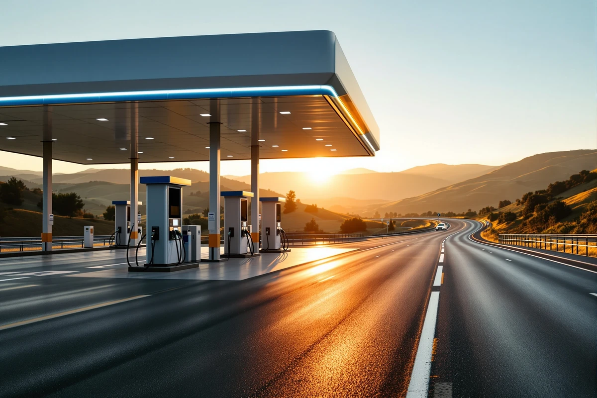 Station-service d'autoroute en Italie au coucher du soleil
