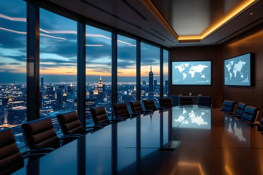 Salle de conseil moderne avec écrans affichant une carte du monde et des données financières