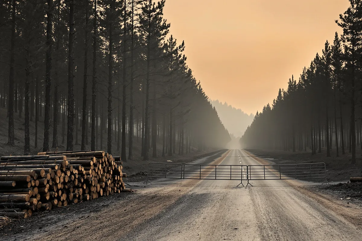 Route forestiere barree dans une pinede enfumee, grumes empilees au premier plan
