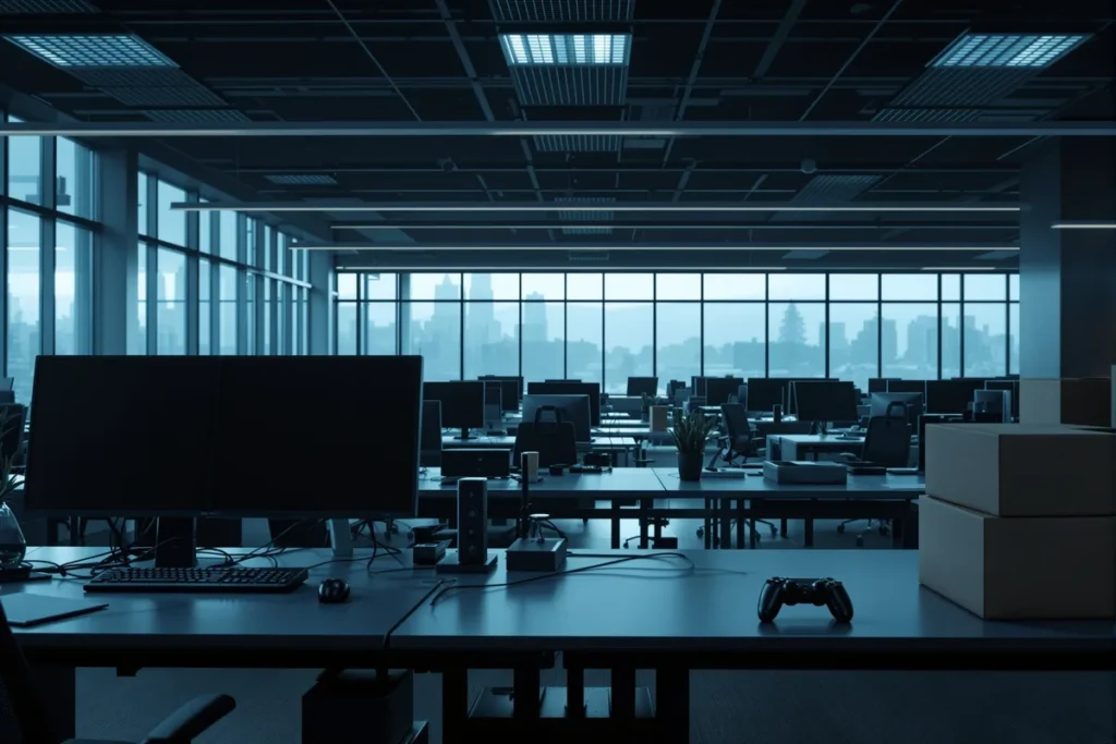 Bureau open-space vide au petit matin, manette de jeu et cartons, illustration des licenciements Microsoft Xbox