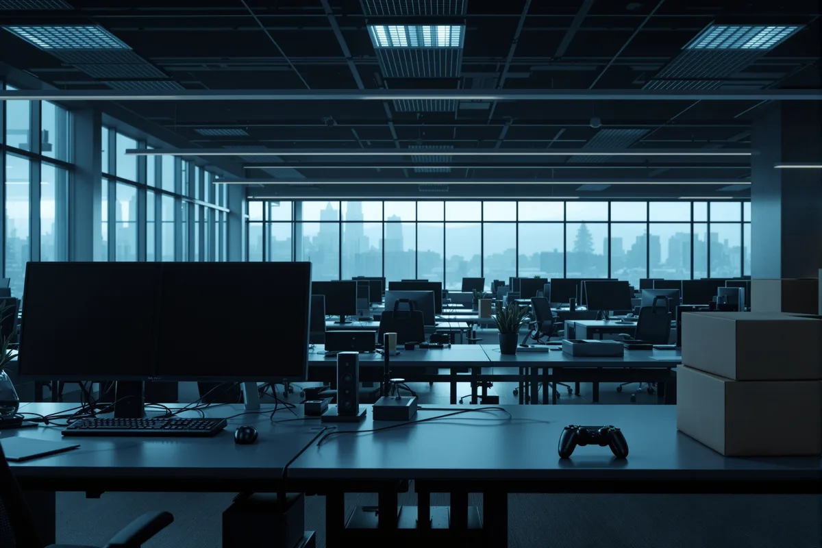 Bureau open-space vide au petit matin, manette de jeu et cartons, illustration des licenciements Microsoft Xbox