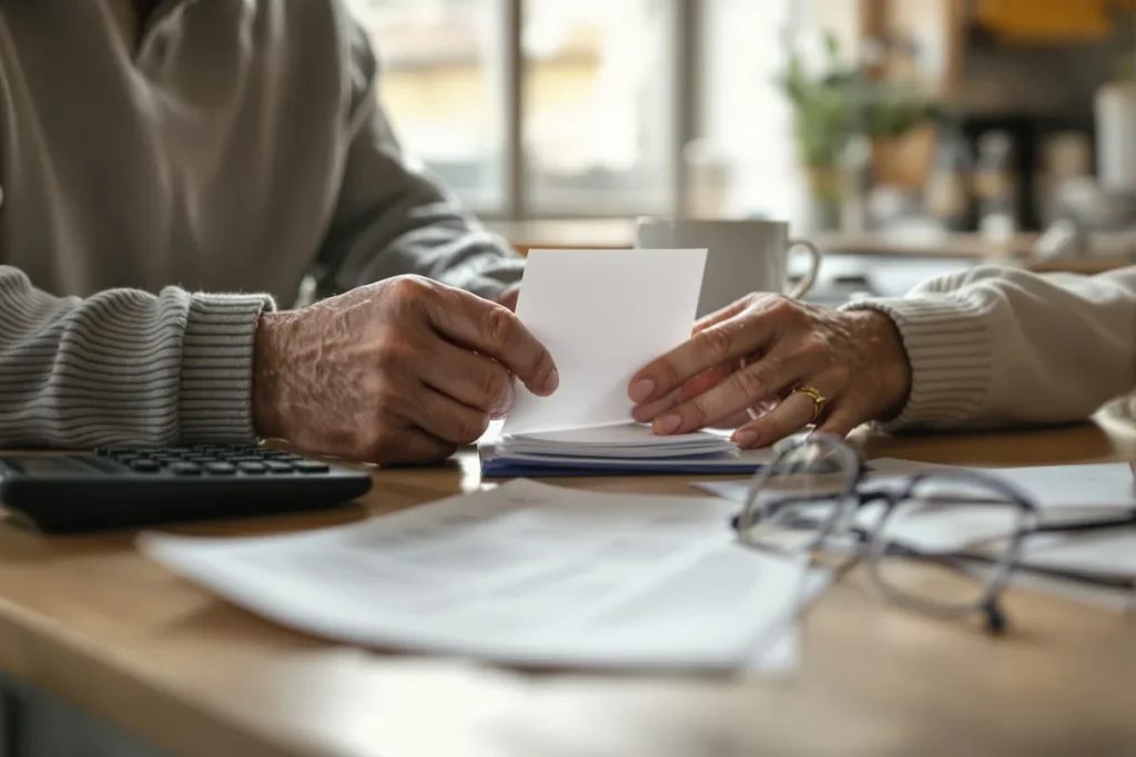 Mains d un épargnant avec un livret d épargne, une calculatrice et des relevés bancaires