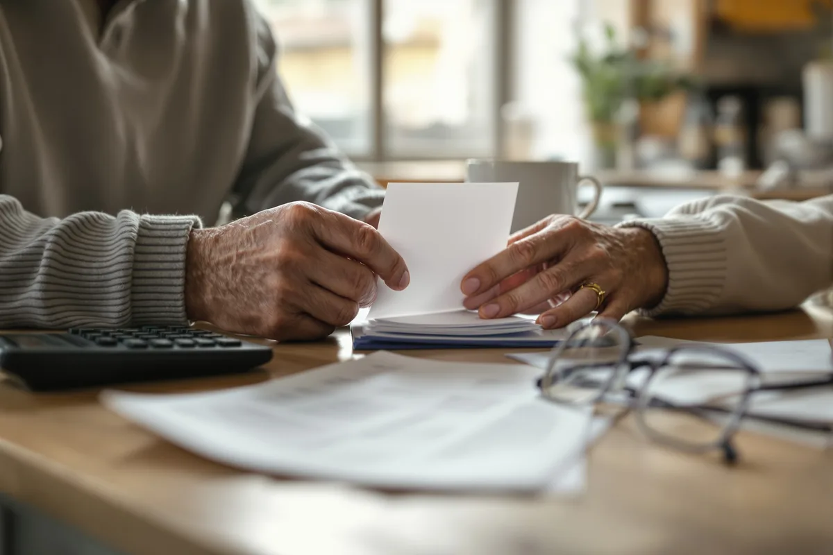 Mains d un épargnant avec un livret d épargne, une calculatrice et des relevés bancaires