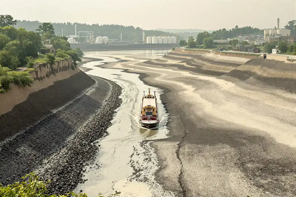 Barge sur un Rhin aux basses eaux, berges de gravier découvertes