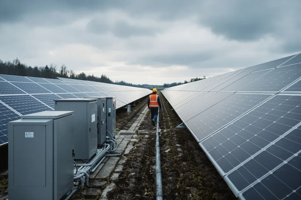 Armoires d'onduleurs au pied de panneaux solaires dans une centrale photovoltaïque