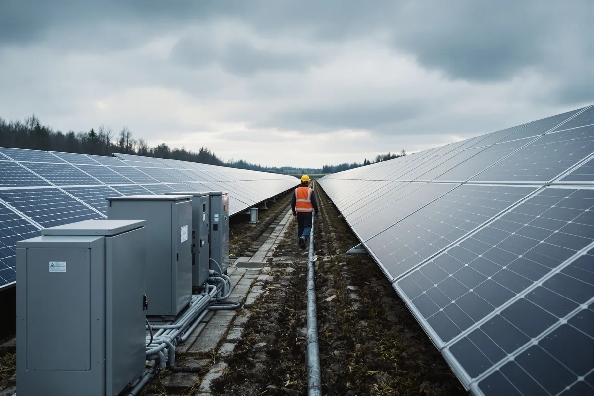 Armoires d'onduleurs au pied de panneaux solaires dans une centrale photovoltaïque