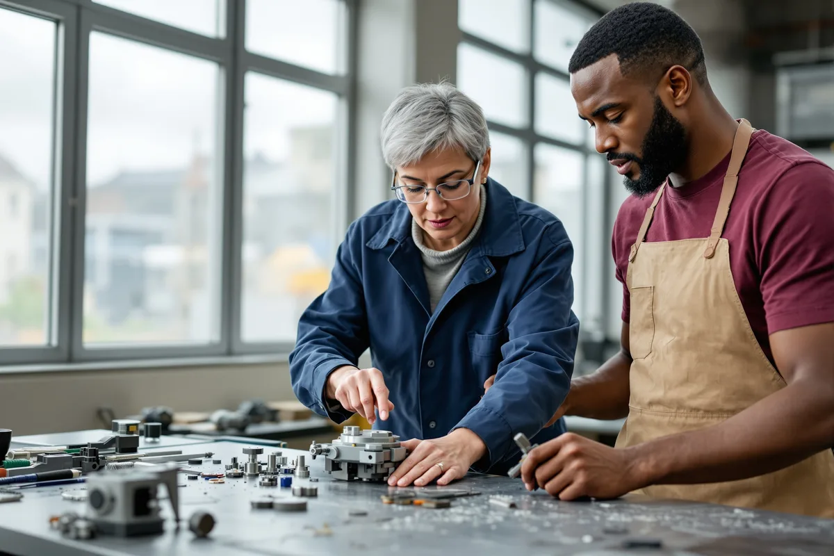 Deux ouvriers de generations differentes travaillent ensemble dans un atelier de precision europeen