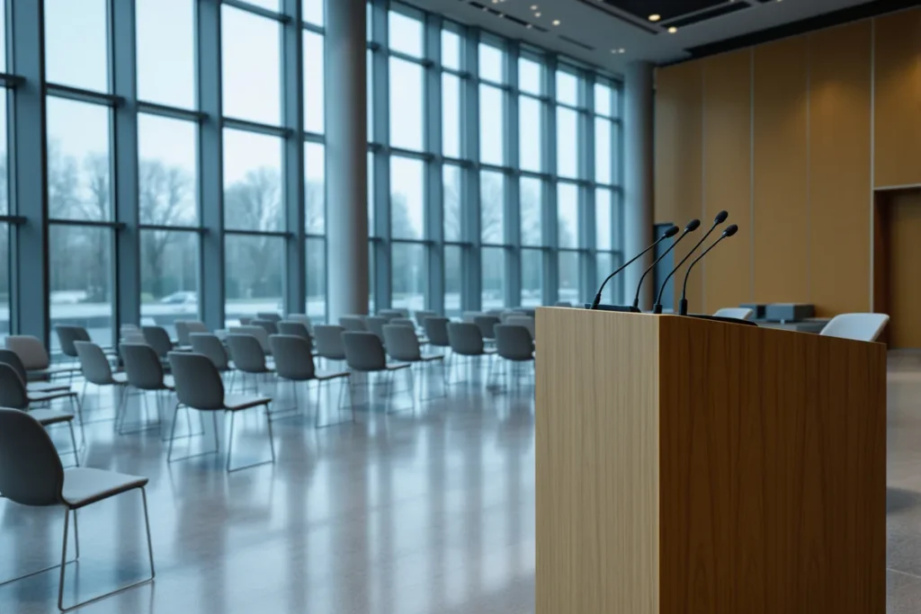 Salle de conference de presse vide dans une institution europeenne a Bruxelles