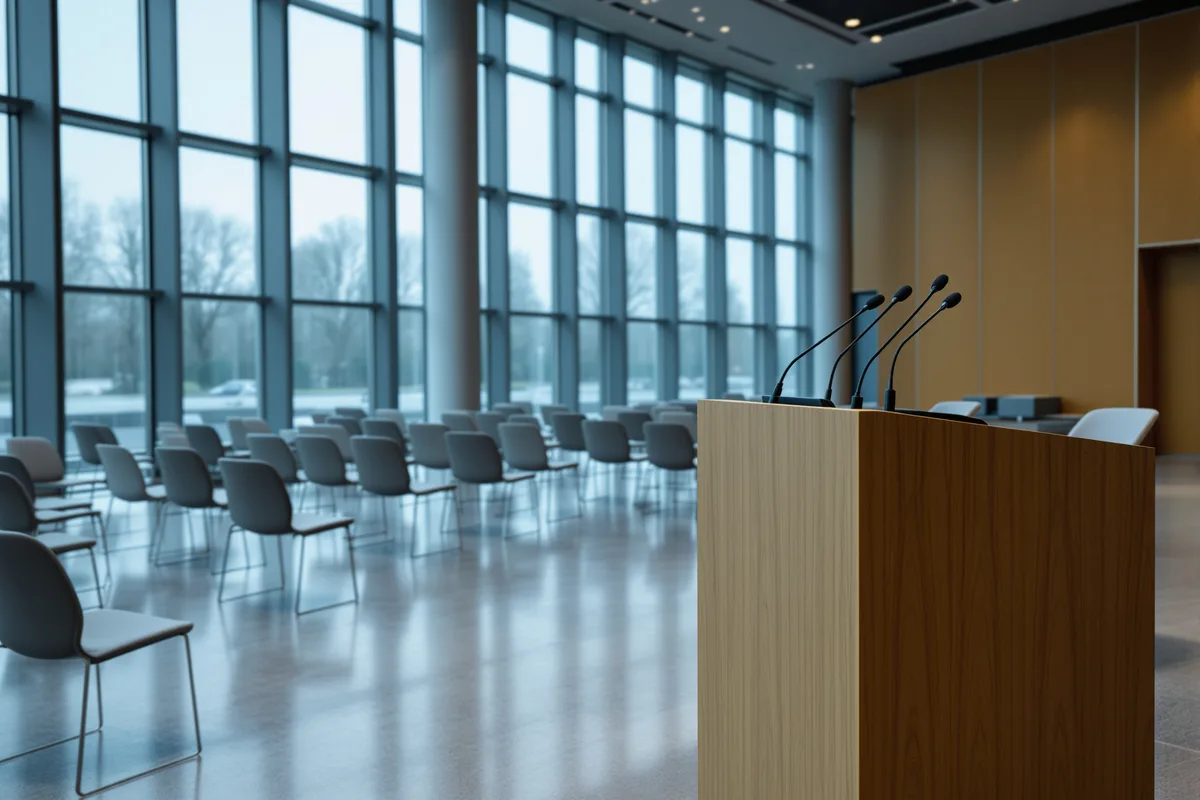 Salle de conference de presse vide dans une institution europeenne a Bruxelles
