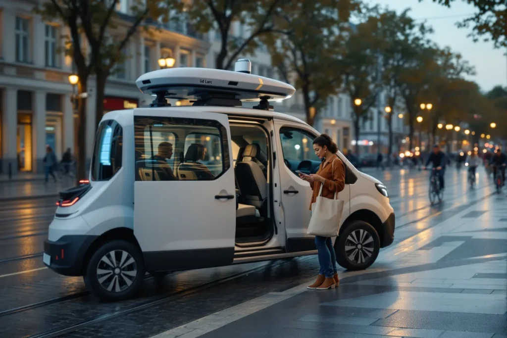 Navette autonome avec capteur lidar sur un boulevard européen, une passagère s'apprête à monter