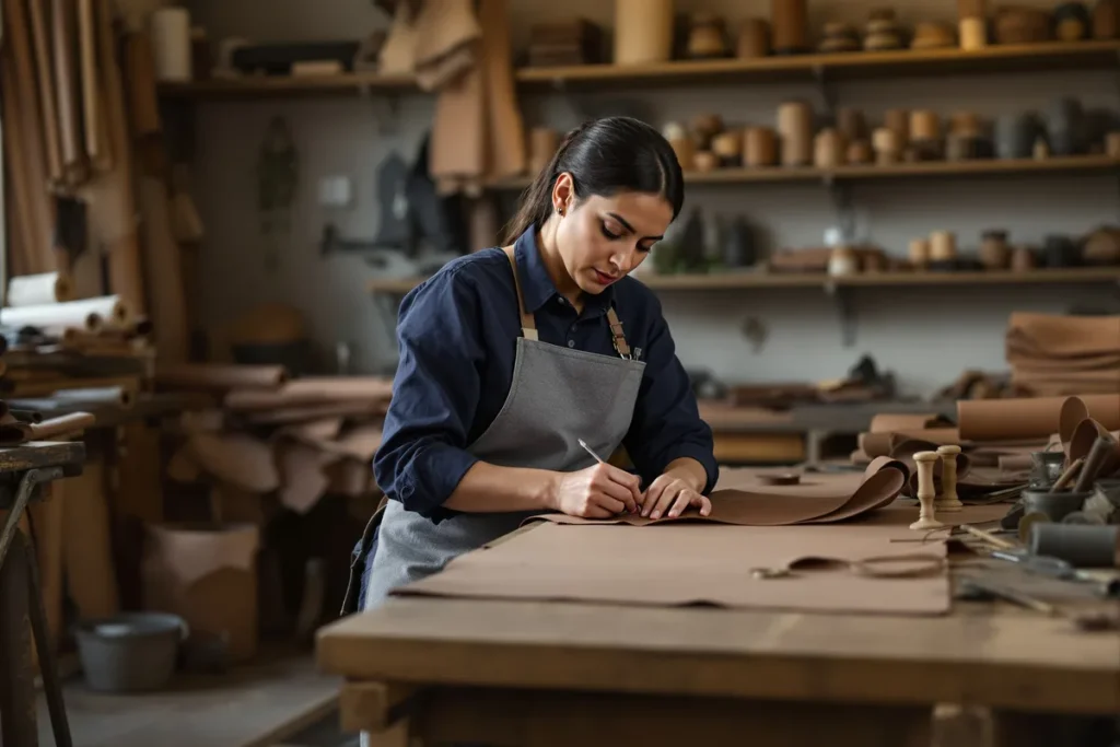 Artisane travaillant le cuir dans un atelier de maroquinerie