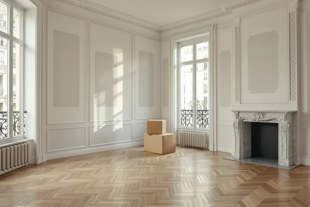 Appartement haussmannien vide avec des cartons de demenagement