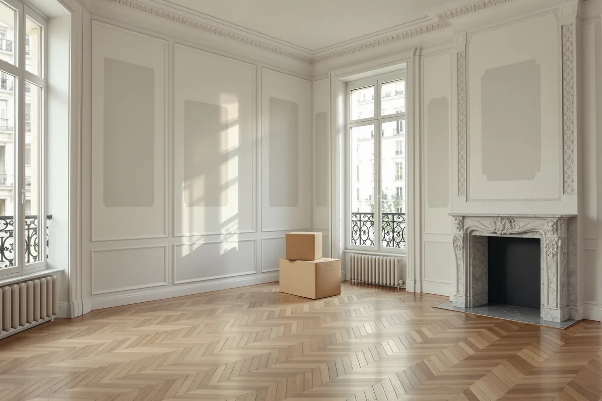Appartement haussmannien vide avec des cartons de demenagement