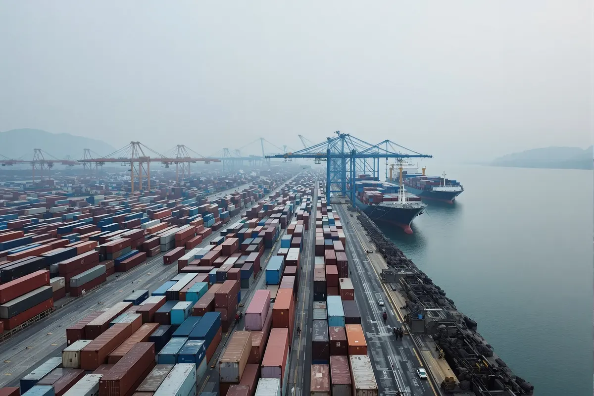 Terminal à conteneurs d'un port en eau profonde chinois avec portiques et porte-conteneurs à quai