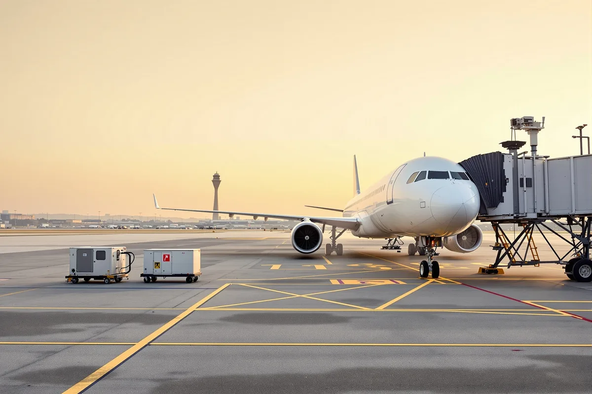 Avion moyen-courrier stationné à une passerelle d'embarquement sur un tarmac d'aéroport au coucher du soleil