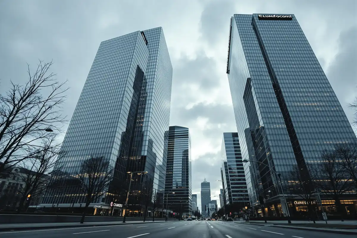 Tours de bureaux d'un quartier d'affaires européen sous un ciel gris, illustration du ralentissement de la croissance en zone euro