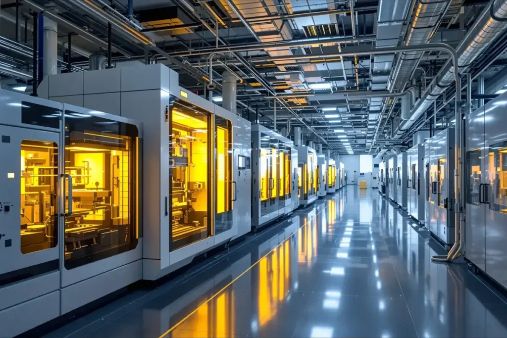 Salle blanche de fabrication de semi-conducteurs avec machines de lithographie