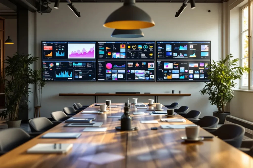 Salle de réunion d une agence de communication avec écrans d analytics marketing