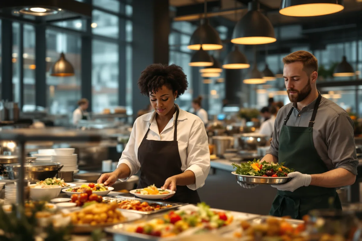 Personnel de restauration collective dans un restaurant d'entreprise