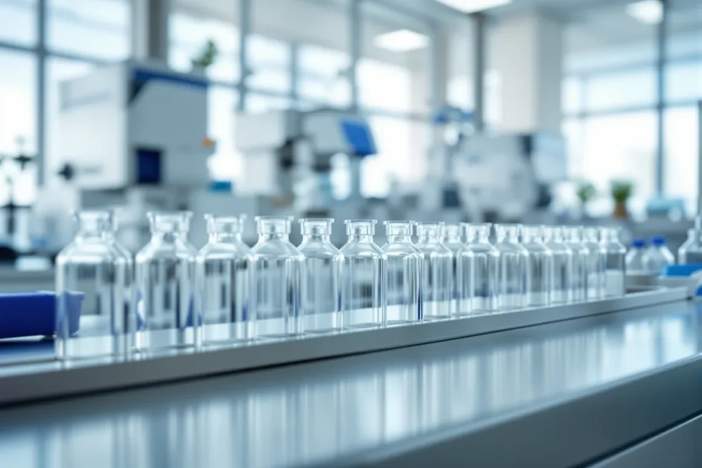 Flacons de verre alignes dans un laboratoire pharmaceutique, illustration des resultats de Roche