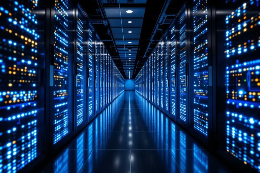 Couloir de baies de serveurs dans un centre de donnees, illustration du cloud SAP