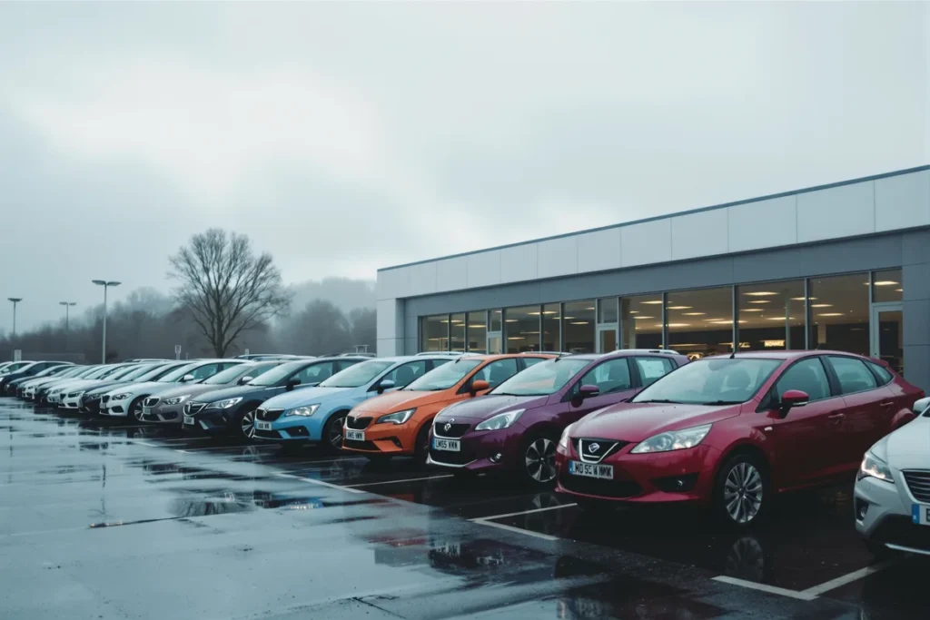 Voitures d'occasion alignées sur le parking d'une concession automobile britannique