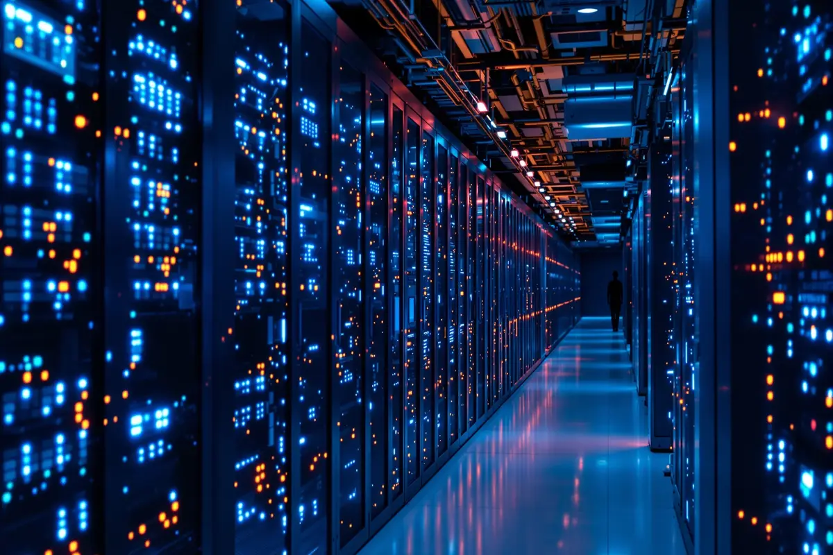 Salle de serveurs d un data center, allée de baies illuminées