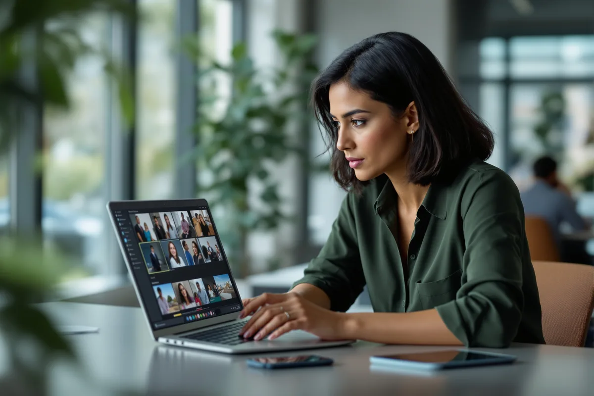 Une salariée examine des images sur l'écran de son ordinateur portable dans un bureau