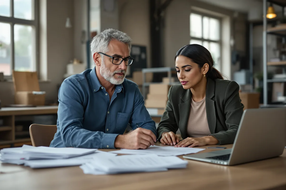 Dirigeant et repreneuse examinant des documents de transmission d'entreprise