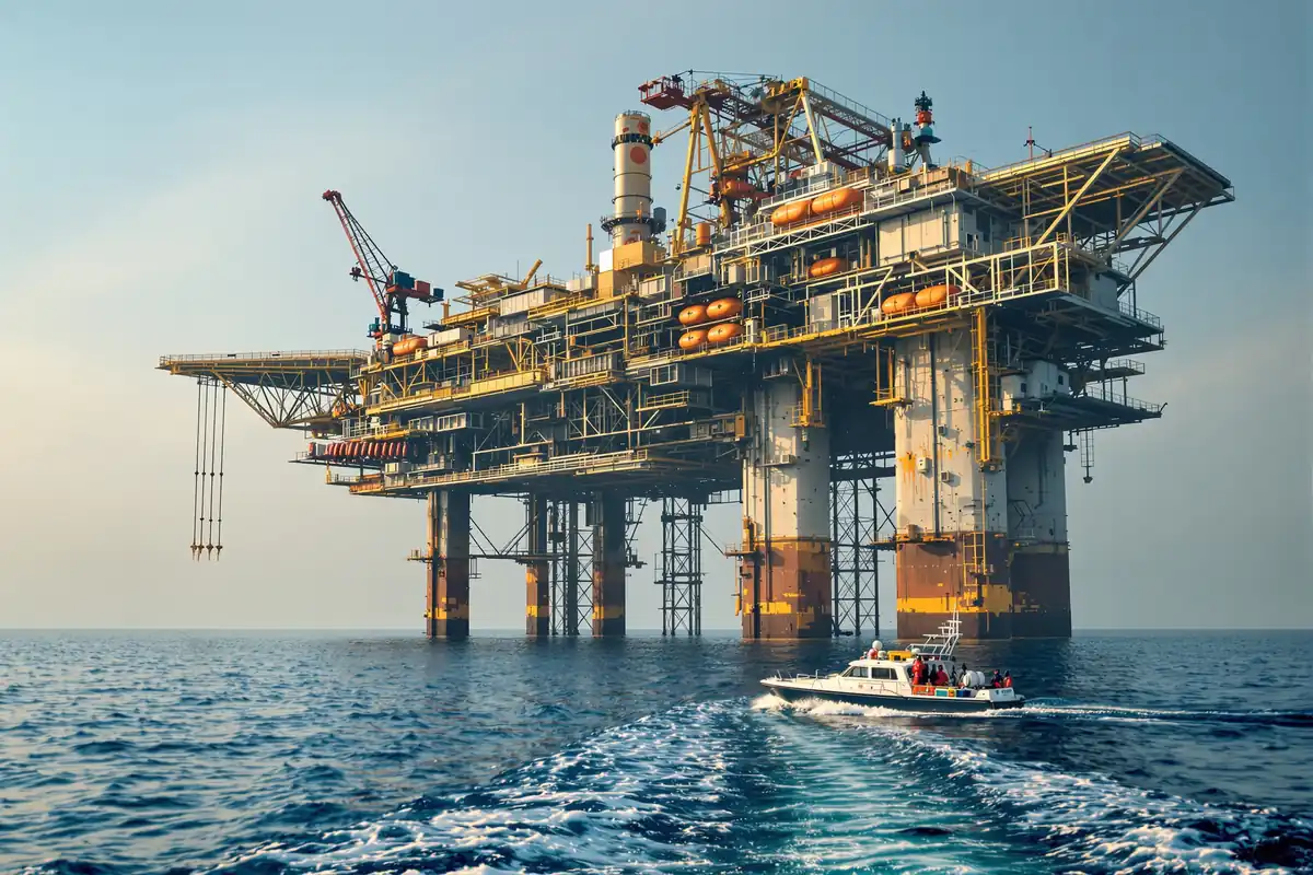 Plateforme gazière offshore en mer avec un navire de servitude
