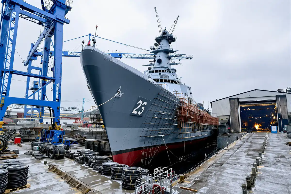 Coque de frégate en cale sèche sous des portiques dans un chantier naval militaire