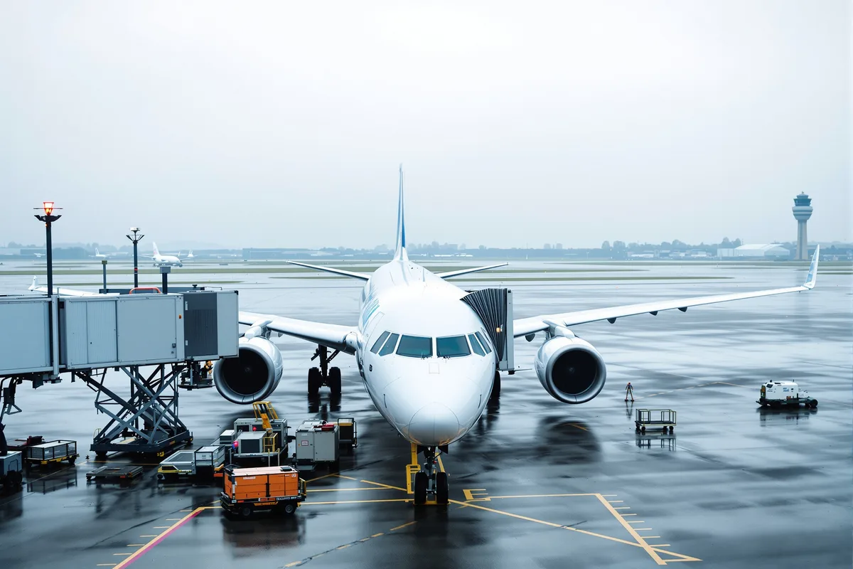Avion monocouloir stationne a une passerelle sur le tarmac d'un aeroport