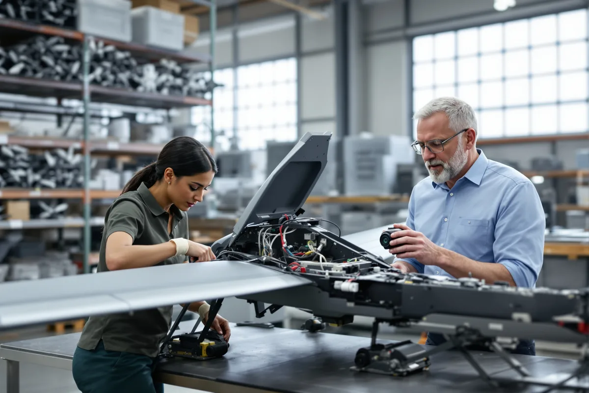 Deux techniciens assemblent un drone de reconnaissance dans un atelier européen