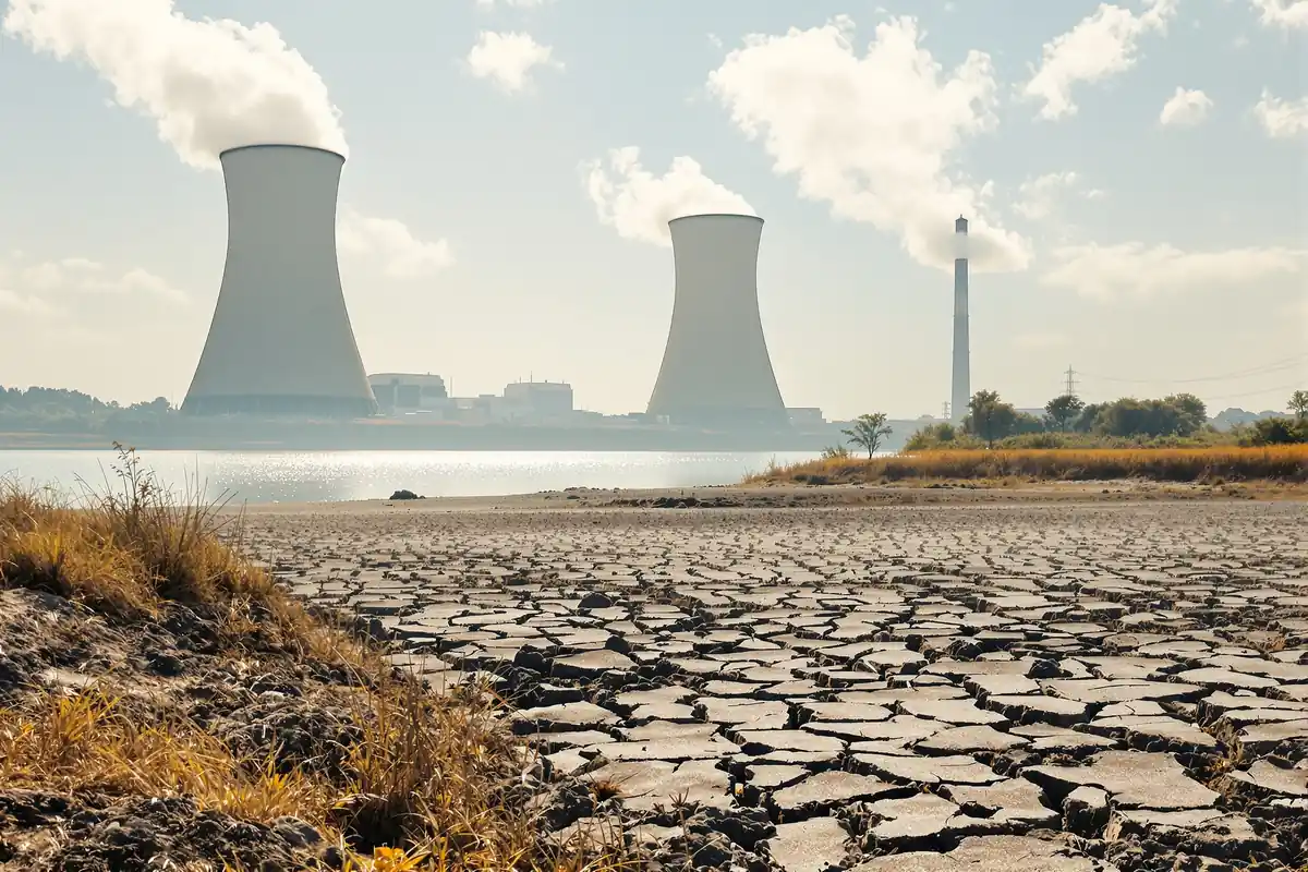 Centrale nucléaire en bord de fleuve pendant une canicule, berges asséchées et craquelées