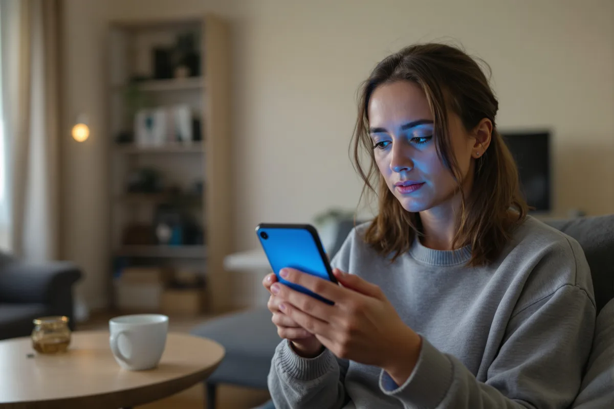 Femme regardant un micro drama sur son smartphone dans son salon
