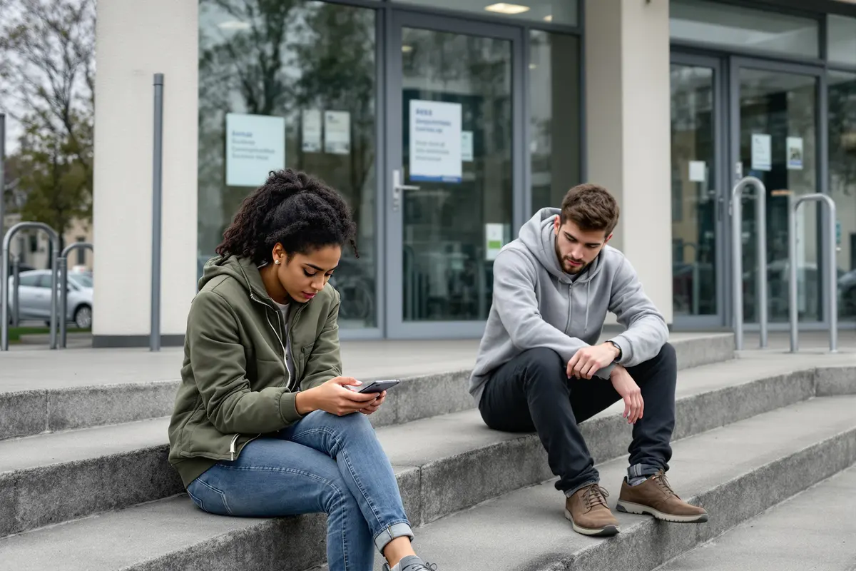 Deux jeunes adultes assis devant un bâtiment d'accompagnement vers l'emploi en France