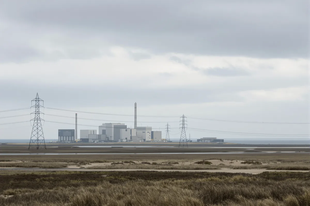 Centrale nucléaire côtière sous un ciel gris, lignes à haute tension au premier plan