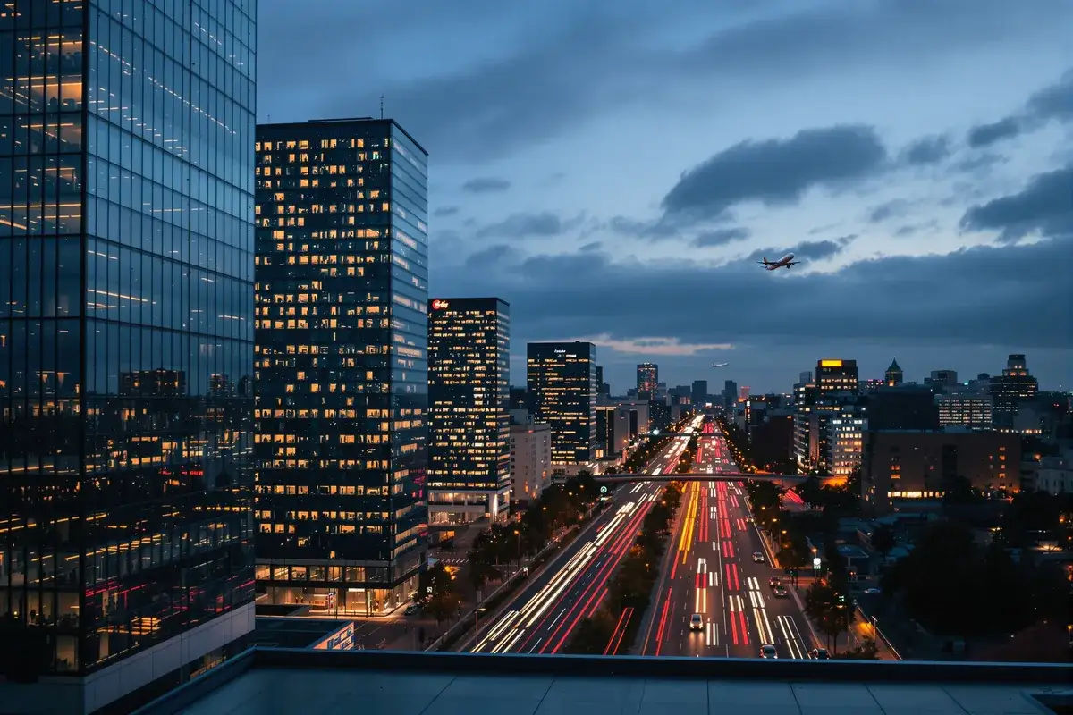 Quartier d'affaires européen au crépuscule